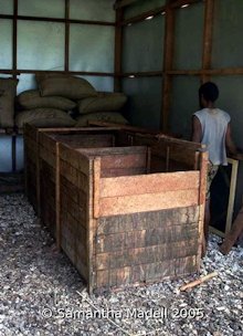 Credit: © Samantha Madell 2005 An alternative method of fermenting cocoa beans: a three-bay cacao fermentation box on Malo island, Vanuatu.